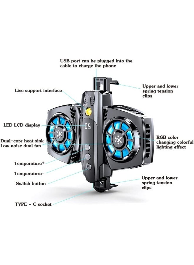 مبرد هاتف شبه موصل، غلاف تبريد الهاتف مع عرض و تعديل درجة الحرارة، مبرد للهاتف المحمول مزود بشريحتين تبريد، حامل للبث المباشر للألعاب صامت (أسود) - Image 2