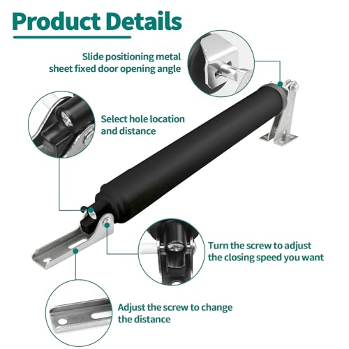 OXDFK Screen and Storm Door Closer Kit, Heavy Duty Pneumatic Screen and Storm Door Closer, Screen and Storm Door Push Button Latch Set Replacement Kit, Adjust Smooth Closing Speed (Black) - Image 3