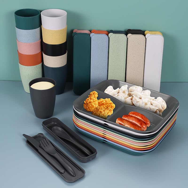 yomith Wheat Plastic Plates Set 3Compartment Divided Portion Control Dinner Plate BPA Free Reusable Microwave and Dishwasher Safe Tableware Plate for Adults Children Multicolor Pack of 8 - Image 4