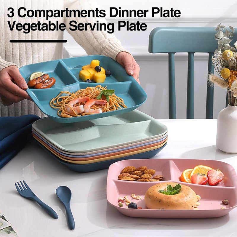 yomith Wheat Plastic Plates Set 3Compartment Divided Portion Control Dinner Plate BPA Free Reusable Microwave and Dishwasher Safe Tableware Plate for Adults Children Multicolor Pack of 8 - Image 2