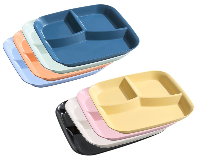 yomith Wheat Plastic Plates Set 3Compartment Divided Portion Control Dinner Plate BPA Free Reusable Microwave and Dishwasher Safe Tableware Plate for Adults Children Multicolor Pack of 8 - Image 1