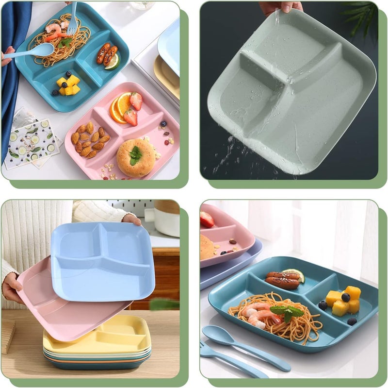 yomith Wheat Plastic Plates Set 3Compartment Divided Portion Control Dinner Plate BPA Free Reusable Microwave and Dishwasher Safe Tableware Plate for Adults Children Multicolor Pack of 8 - Image 5