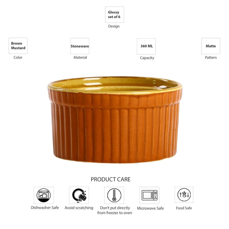 Caffeine Ceramic Handmade Matte Brown Yellow Ramekins bowl Set of 6 150 ml - Image 3