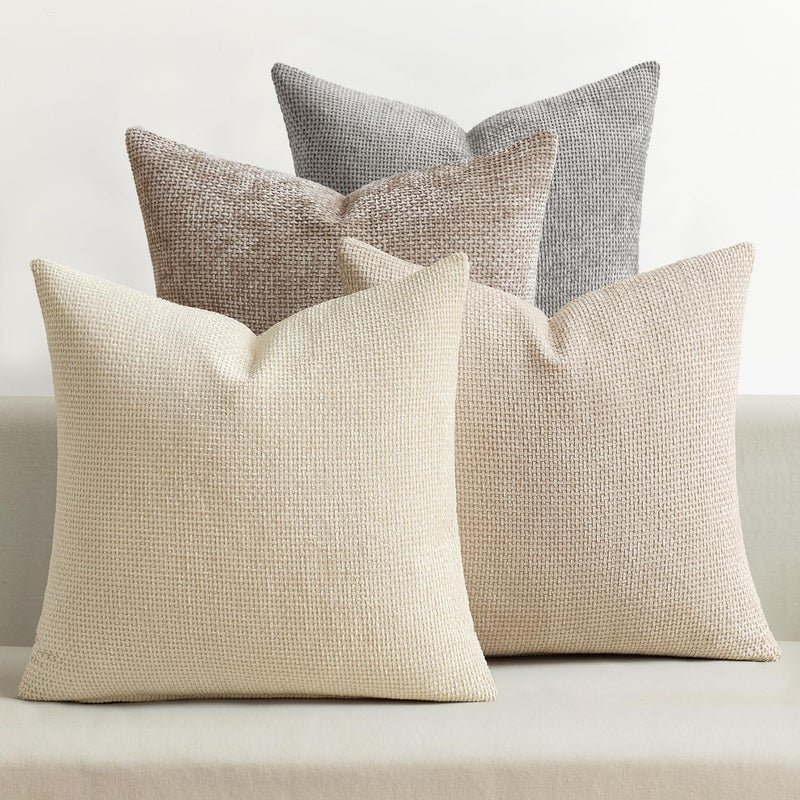 MIULEE Pack of 4 Couch Throw Pillow Covers 18x18 Inch Neutral Beige/Brown Soft Decorative Chenille Pillow Covers Farmhouse Accent Cushion Covers for Boho Spring Home Decor Sofa Bedroom Living Room - Image 1