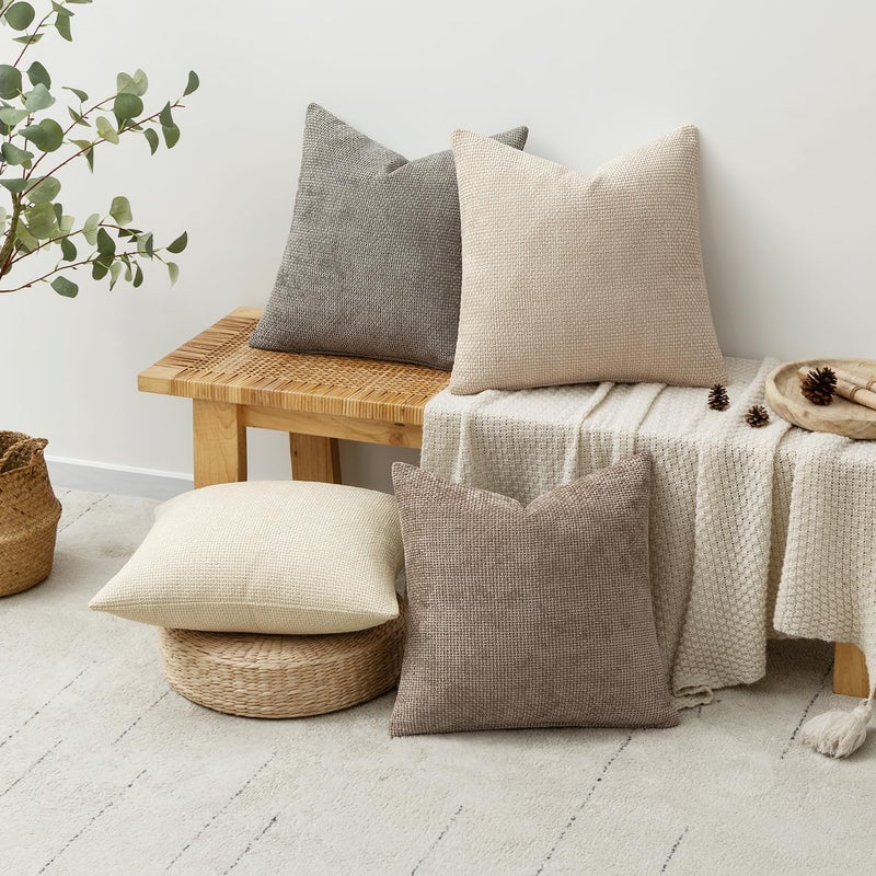MIULEE Pack of 4 Couch Throw Pillow Covers 18x18 Inch Neutral Beige/Brown Soft Decorative Chenille Pillow Covers Farmhouse Accent Cushion Covers for Boho Spring Home Decor Sofa Bedroom Living Room - Image 4