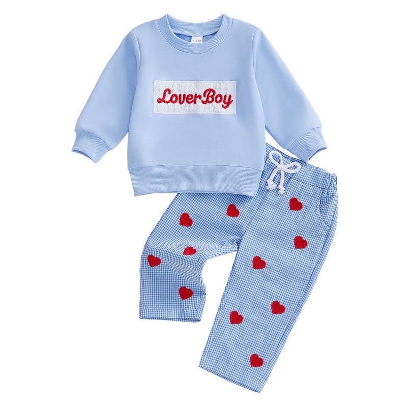 JLKGICF Toddler Boy Valentines Outfit Letters Embroidery Pullover Plaid Pants Lover Boy Baby Outfit Baby Spring Clothes (Blue Love boy, 12-18 Months) - Image 1