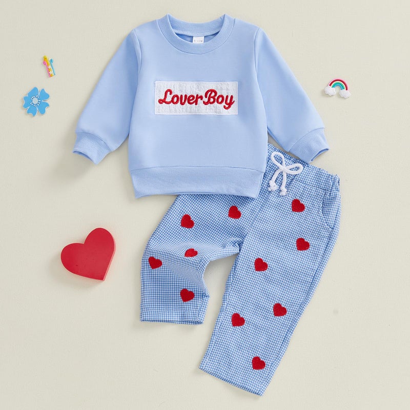 JLKGICF Toddler Boy Valentines Outfit Letters Embroidery Pullover Plaid Pants Lover Boy Baby Outfit Baby Spring Clothes (Blue Love boy, 12-18 Months) - Image 3
