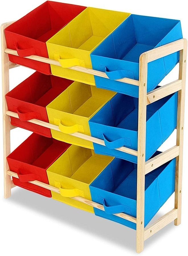 Child's Toy Box 3 Tier 6 Non-woven Fabric Boxes Children Toys Wooden Shelf Storage Rack Organizer, Children Storage Unit Shelf Rack, Fabric Boxes Pine Wood Organising Stand - Image 1