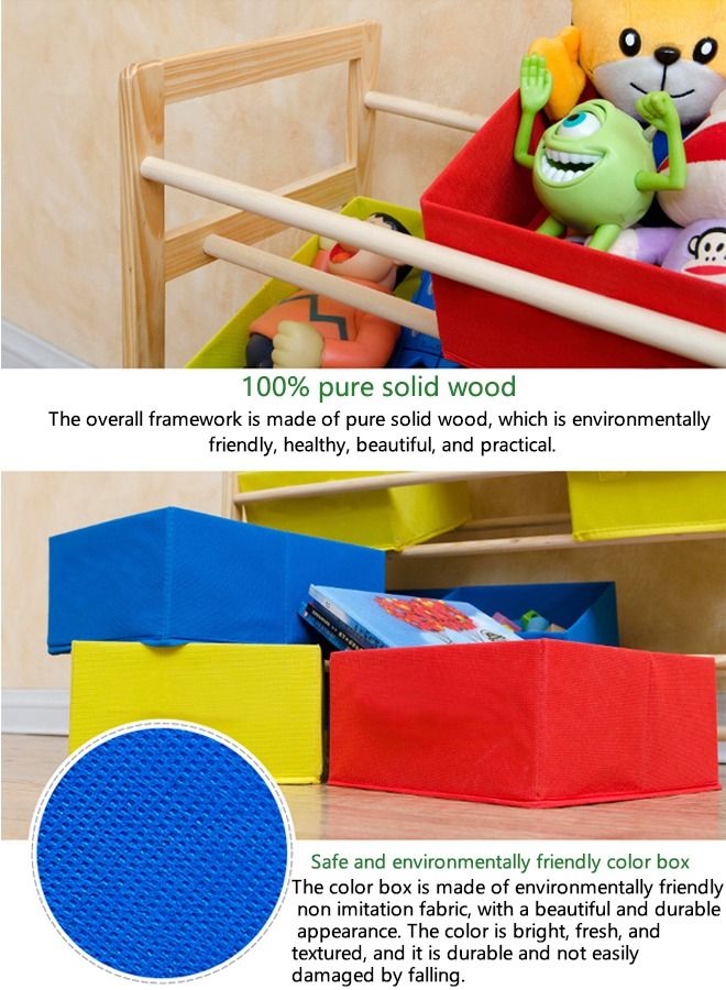 Child's Toy Box 3 Tier 6 Non-woven Fabric Boxes Children Toys Wooden Shelf Storage Rack Organizer, Children Storage Unit Shelf Rack, Fabric Boxes Pine Wood Organising Stand - Image 2