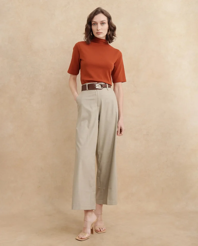Rareism Rareism Women Katy Beige Hook Closure Straight Fit Ankle Length Plain Trouser