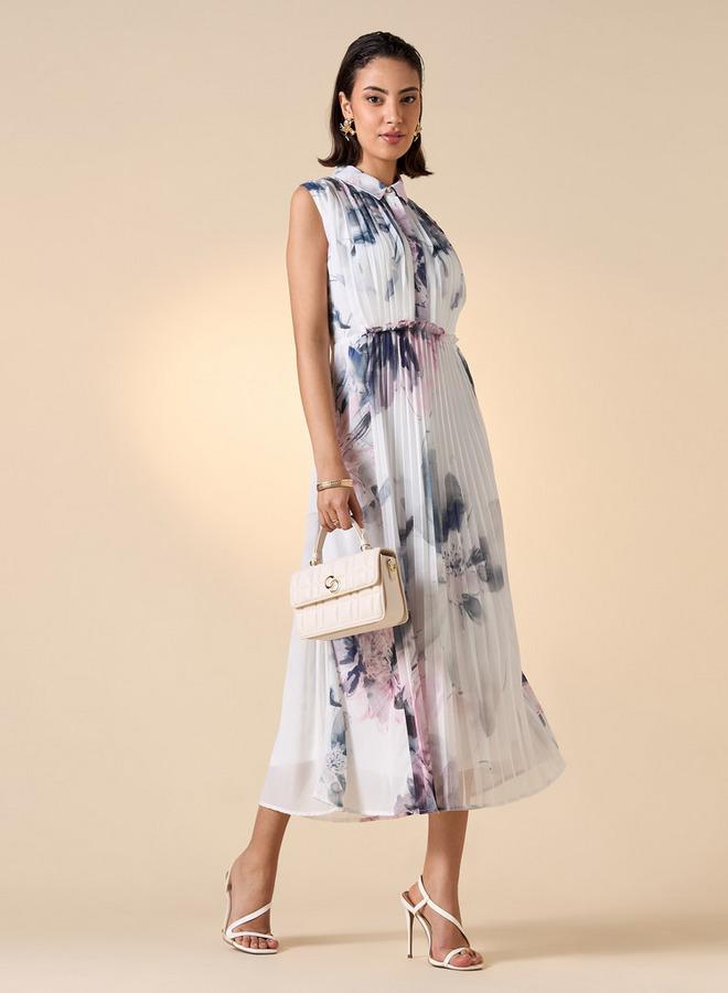 ايكونيك فستان ميدي دون أكمام بياقة عادية وطيات وطبعات من آيكونيك - Image 1