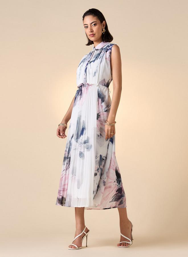 ايكونيك فستان ميدي دون أكمام بياقة عادية وطيات وطبعات من آيكونيك - Image 3