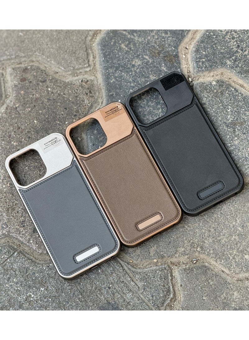 Aviation Aluminum Alloy Leather Case for iPhone 15 Pro Max, Slim Fit Metal Case, Lightweight Top-Grain Leather Phone Case, Magsafe Compatible, Built-in Fragrance Diffuser,grey - Image 3