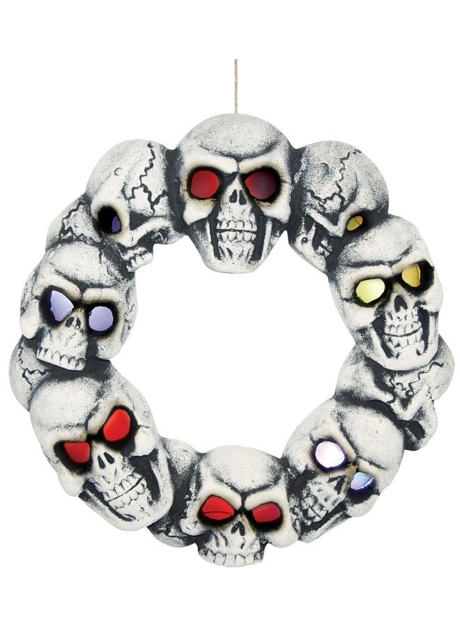 Skull Halloween Wreath with Multicolored Light Up Blinking LED Eyes, 14 Inch White