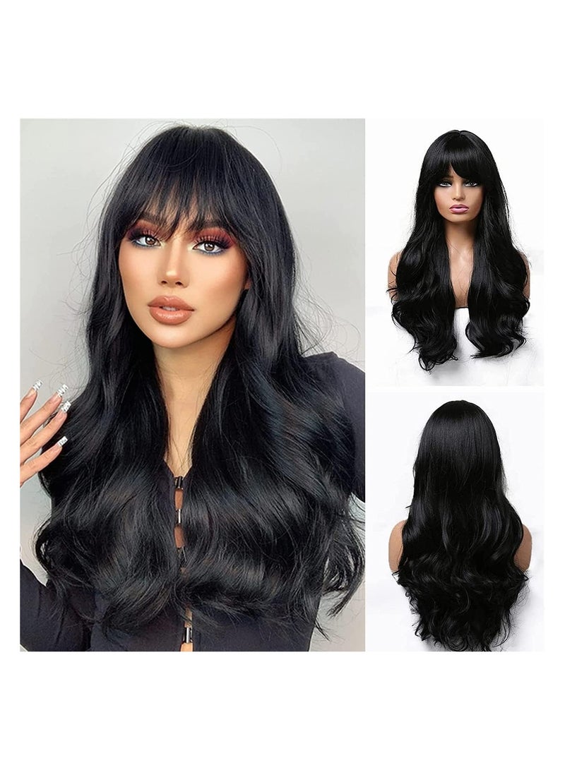 Estelle Hair Long Wavy Wig With Bangs High Synthetic Heat Resistant Wigs Curly Wavy Hair Wigs for Women Girls Beauty Fashion Natural Looking Curly Hair (long, loose curly black) - Image 1