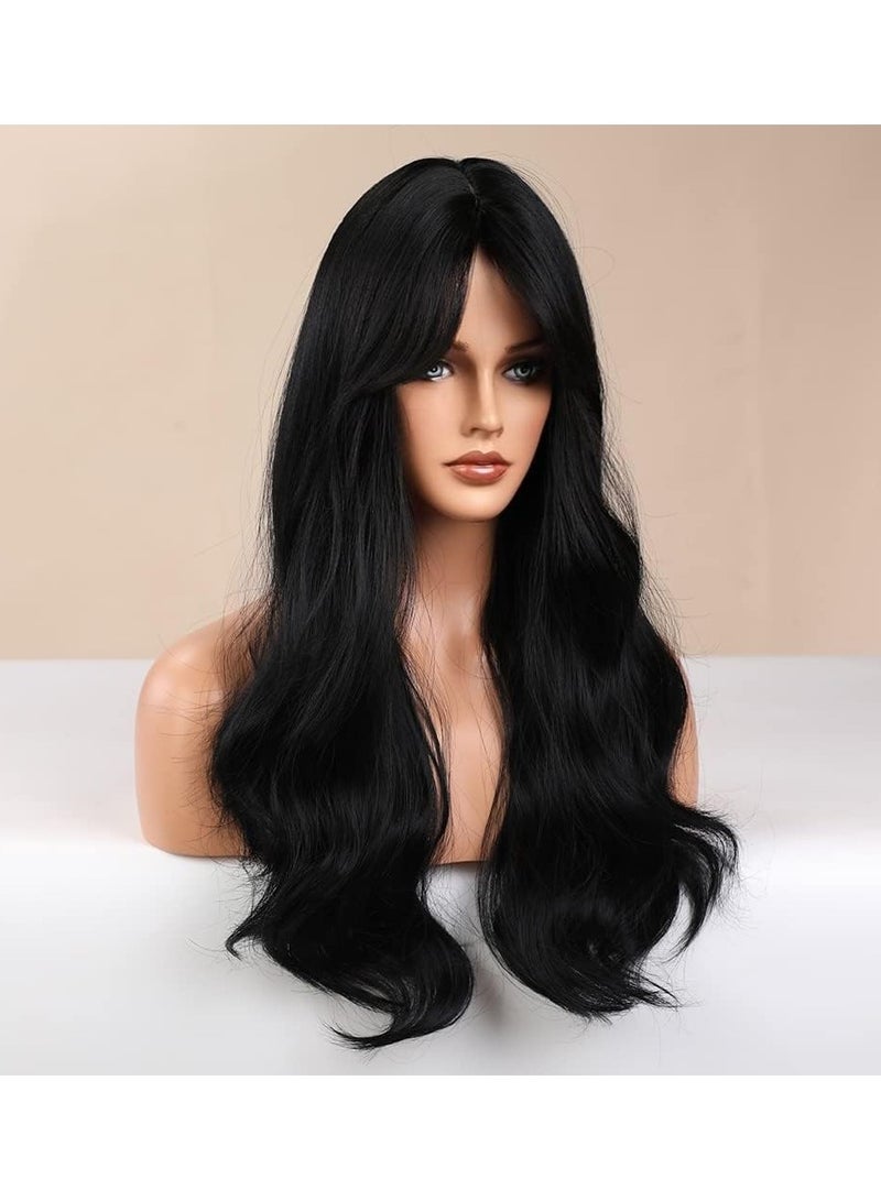 Estelle Hair Long Wavy Wig With Bangs High Synthetic Heat Resistant Wigs Curly Wavy Hair Wigs for Women Girls Beauty Fashion Natural Looking Curly Hair (long, loose curly black) - Image 3