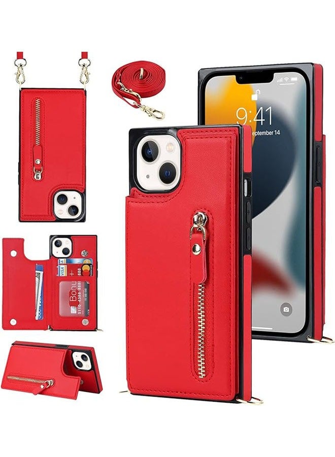 general For iPhone 15 Pro , iPhone 15 Plus, iPhone 15 Promax Leather Case with Card Slot and Coin Clip Holder, Slant Back Flap, Double Buckle Zipper Case with Lanyard for Women, Girls - Image 1