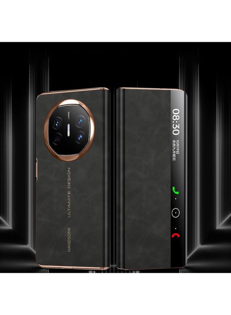 Aookay Case Compatible with Huawei Mate X6 Case, Luxury Leather Smart Window Fold Case with Flip-Free Answering, Camera Lens Protection Cover with Auto Wake/Sleep (Black) - Image 1