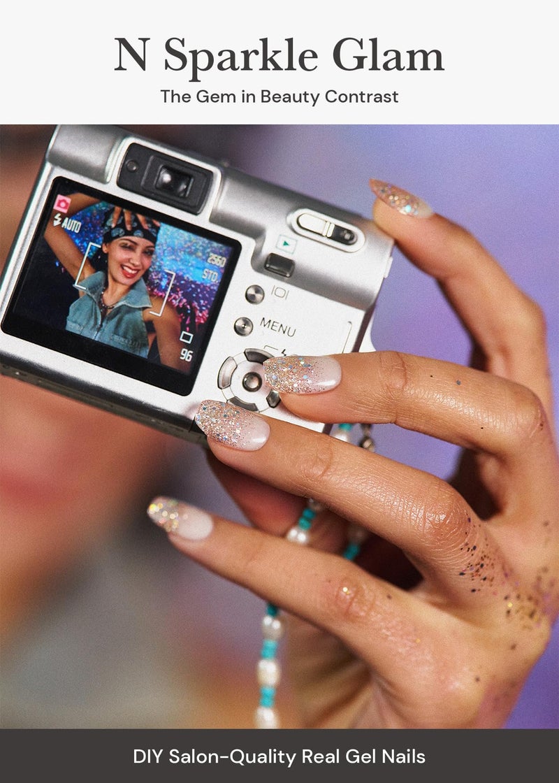 ohora Semi Cured Gel Nail Strips (N Sparkle Glam) - Nude, Glitter, Works with Any UV/LED Lamps, Salon-Quality, Long Lasting, Easy to Apply & Remove - Includes 2 Prep Pads, Nail File & Wooden Stick - Image 2