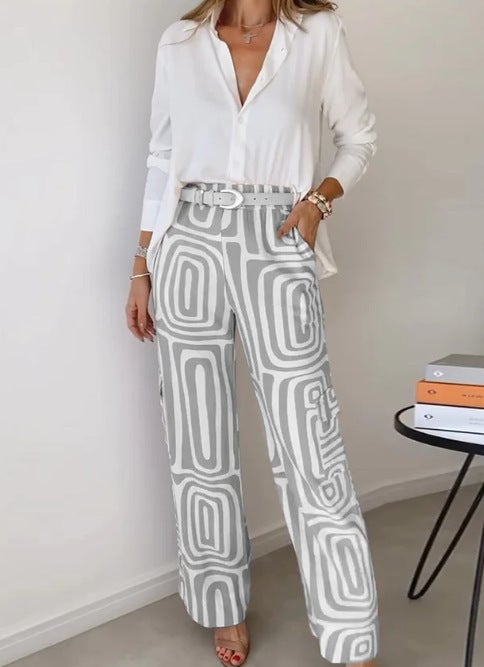 Cross-border European and American Casual suit Womens Digital Printing Commuter Shirt Loose Pants Two-piece Set gray trousers