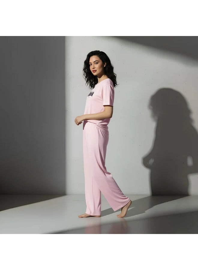 Silk N Love Pack of 2 – T-Shirt Top + Trouser Pant – Pink Quiet Printed PJ Set for Ladies Women Girls Nightwear Sleepwear Loungewear Pyjama Set - Image 2