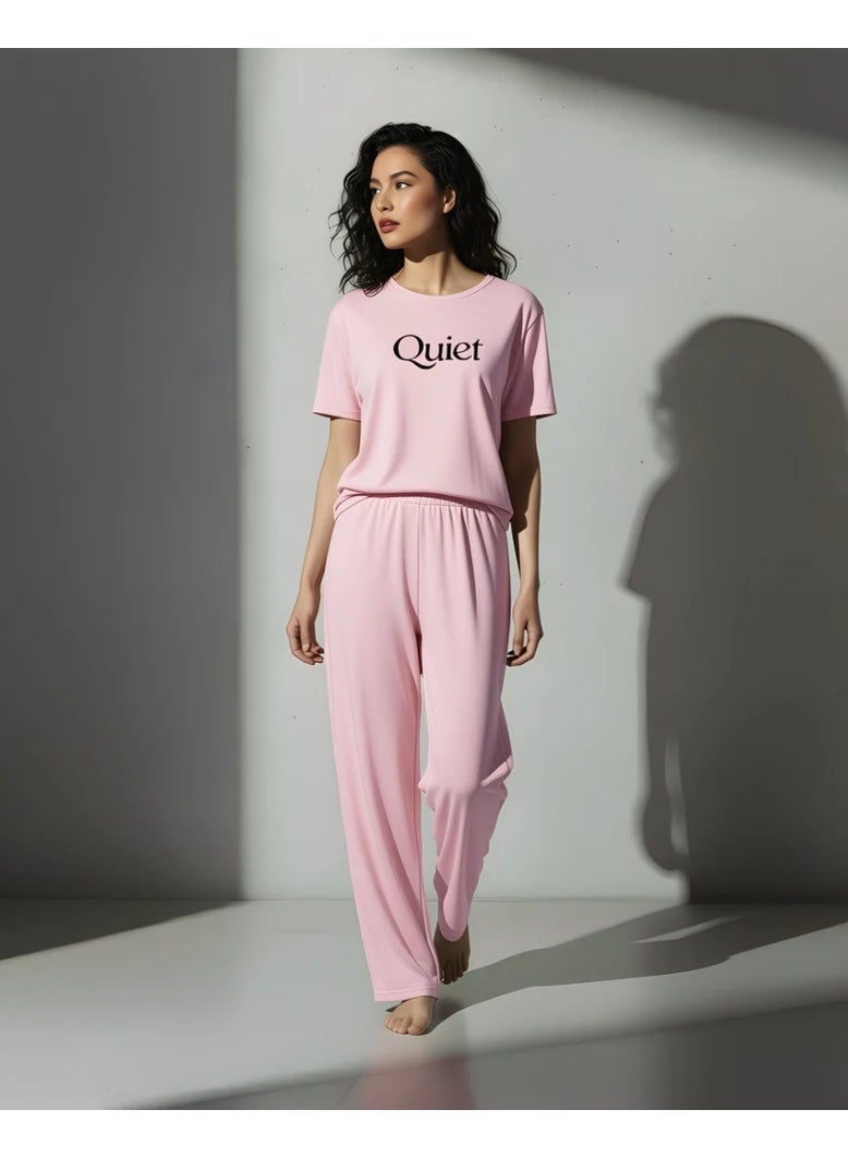 Silk N Love Pack of 2 – T-Shirt Top + Trouser Pant – Pink Quiet Printed PJ Set for Ladies Women Girls Nightwear Sleepwear Loungewear Pyjama Set - Image 1