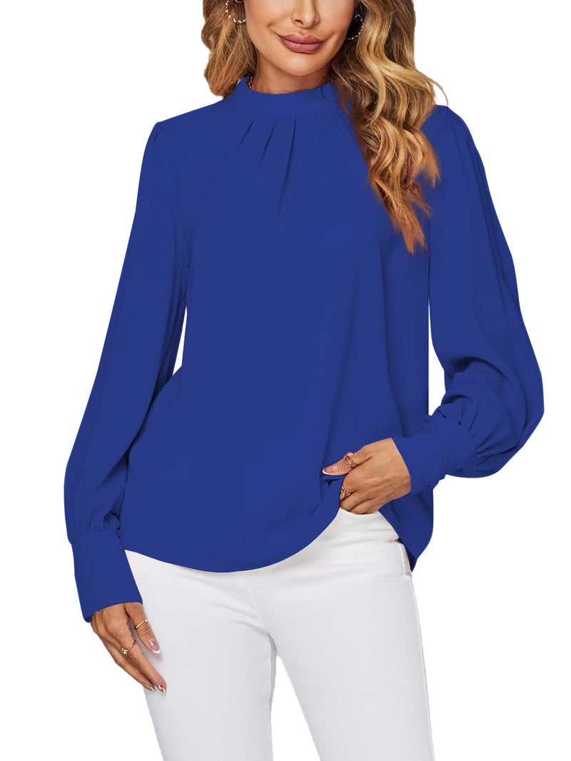 LYANER Womens Mock Neck Pleated Solid Long Sleeve Blouse Office Shirt Tops Royal Blue Large