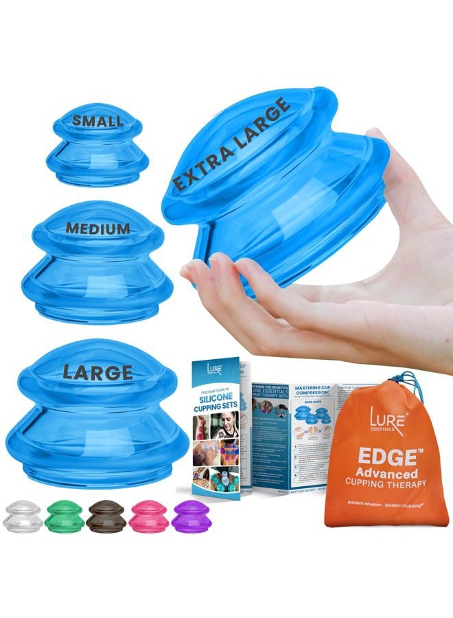 Lure Essentials مجموعة علاج الحجامة السيليكونية الاحترافية - أكواب الحجامة للتدليك - مجموعة 4 أكواب للتدليك، تحرير الأنسجة العضلية، تقليل السيلوليت (أزرق لوري)  - Image 1