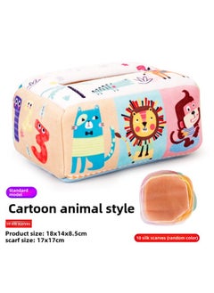 Generic Baby Early Education Cloth Book Tissue Box Ring Paper Square Towel Cognitive Animal English Tear Not To Rip Children's Tissue Toy-Color:950-5 Standard Cartoon Animal Tissue Box 10 Silk Scarf Random Color  - Image 1