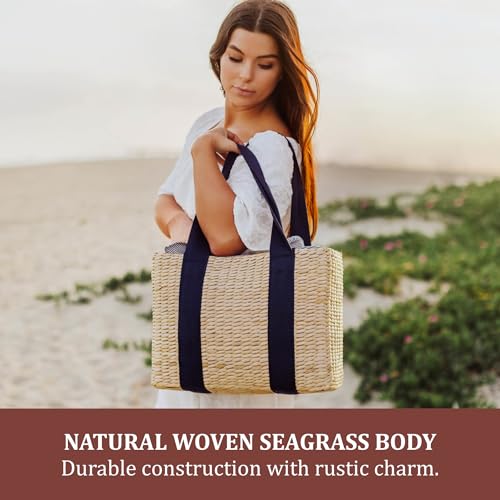 Picnic TIME Parisian Picnic Basket Insulated Seagrass Picnic Basket Waterproof Stylish Perfect for Picnics Beach Office Lunches Dinner Parties and Gifts Beige with Navy Blue Accents - Image 3