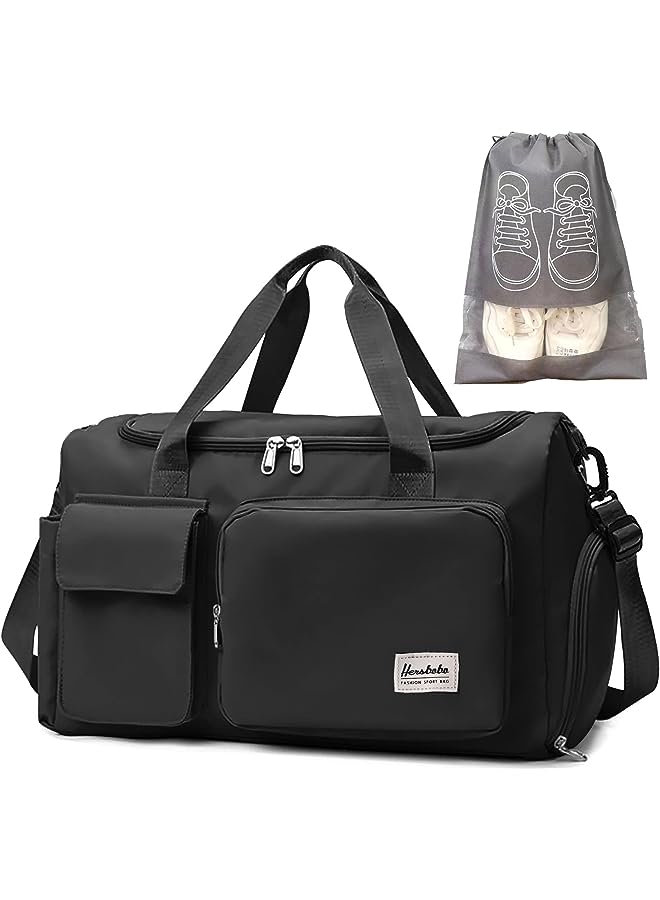 vesus Gym Bag Waterproof Travel Duffle Bag Carry On Weekender Bag with Shoe Compartment & Wet Pocket, Training Handbag Yoga Bag Gym Tote Bag for Travel, Workout, Sport (Black) - Image 1