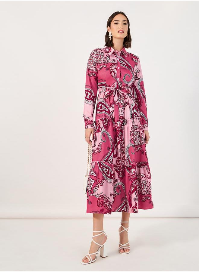 Styli Paisley Print Collared Tiered Midi Dress  - Image 1