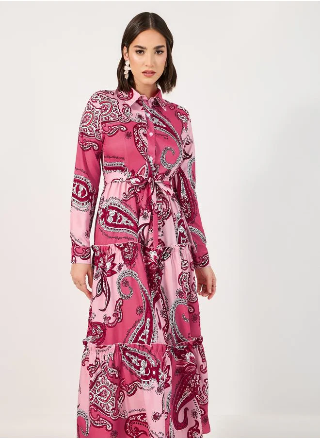Styli Paisley Print Collared Tiered Midi Dress