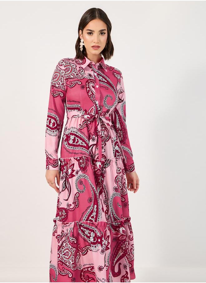 Styli Paisley Print Collared Tiered Midi Dress  - Image 4