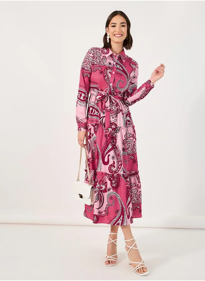 Styli Paisley Print Collared Tiered Midi Dress