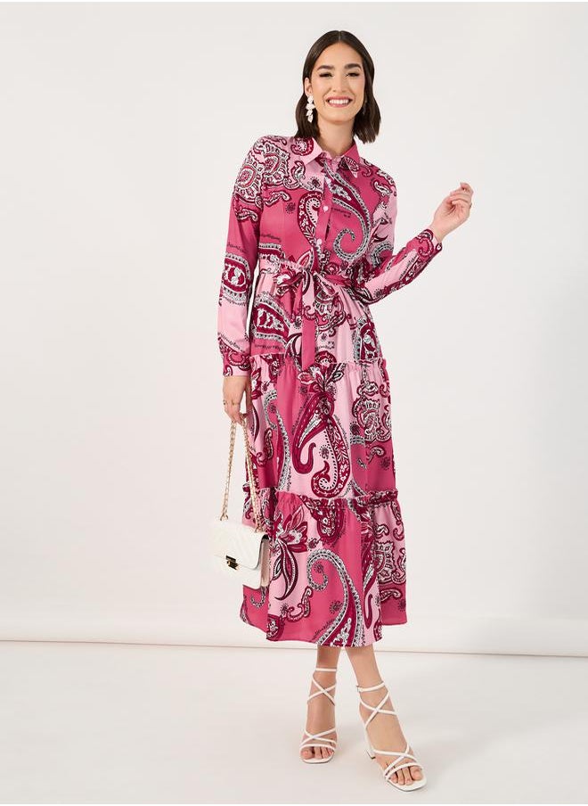 Styli Paisley Print Collared Tiered Midi Dress  - Image 3