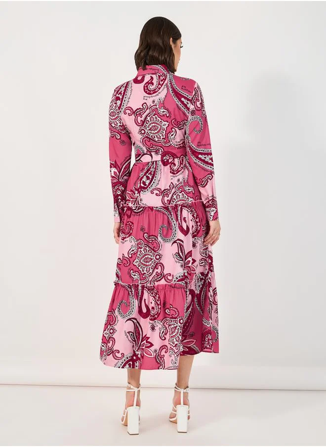 Styli Paisley Print Collared Tiered Midi Dress