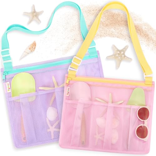 Tagitary Beach Toys Mesh Beach Bags with Zipper Kids Pool Sand Toys Seashell Crossbody for Boys and Girls Summer Vacation Essentials - Image 1
