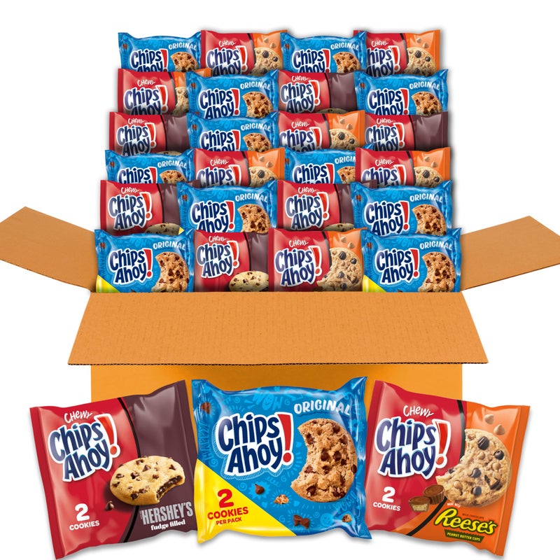 CHIPS AHOY! Cookies Variety Pack, Original Chocolate Chip, Chewy Chocolate Chip with Reese's Peanut Butter Cups & Chewy Hershey's Fudge Filled Soft Cookies, 50 Snack Packs - Image 1
