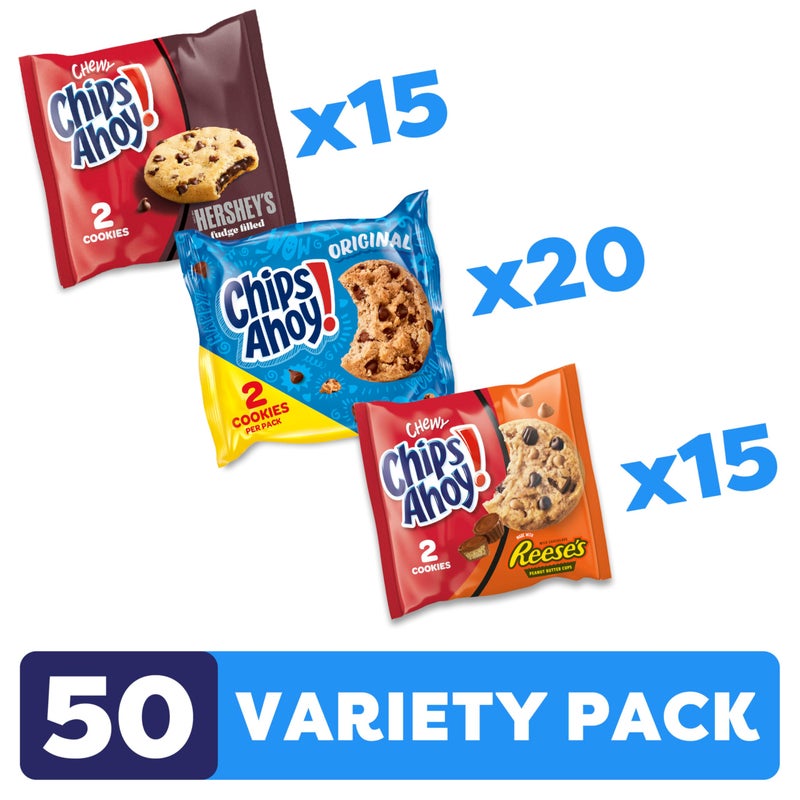 CHIPS AHOY! Cookies Variety Pack, Original Chocolate Chip, Chewy Chocolate Chip with Reese's Peanut Butter Cups & Chewy Hershey's Fudge Filled Soft Cookies, 50 Snack Packs - Image 2