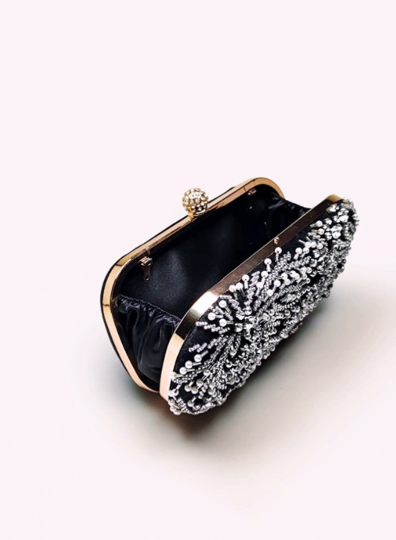 Luxury Black Satin Beaded Crystal Evening Bag Party Bag Small Mini Clutch Bag  - Image 2
