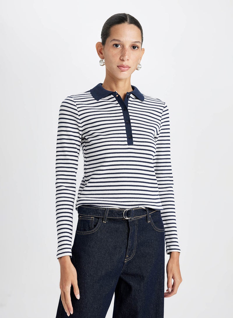 DeFacto Slim Fit Polo Neck Buttoned Striped Ribbed Long Sleeve T-Shirt  - Image 1