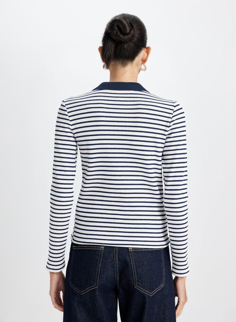 DeFacto Slim Fit Polo Neck Buttoned Striped Ribbed Long Sleeve T-Shirt  - Image 2