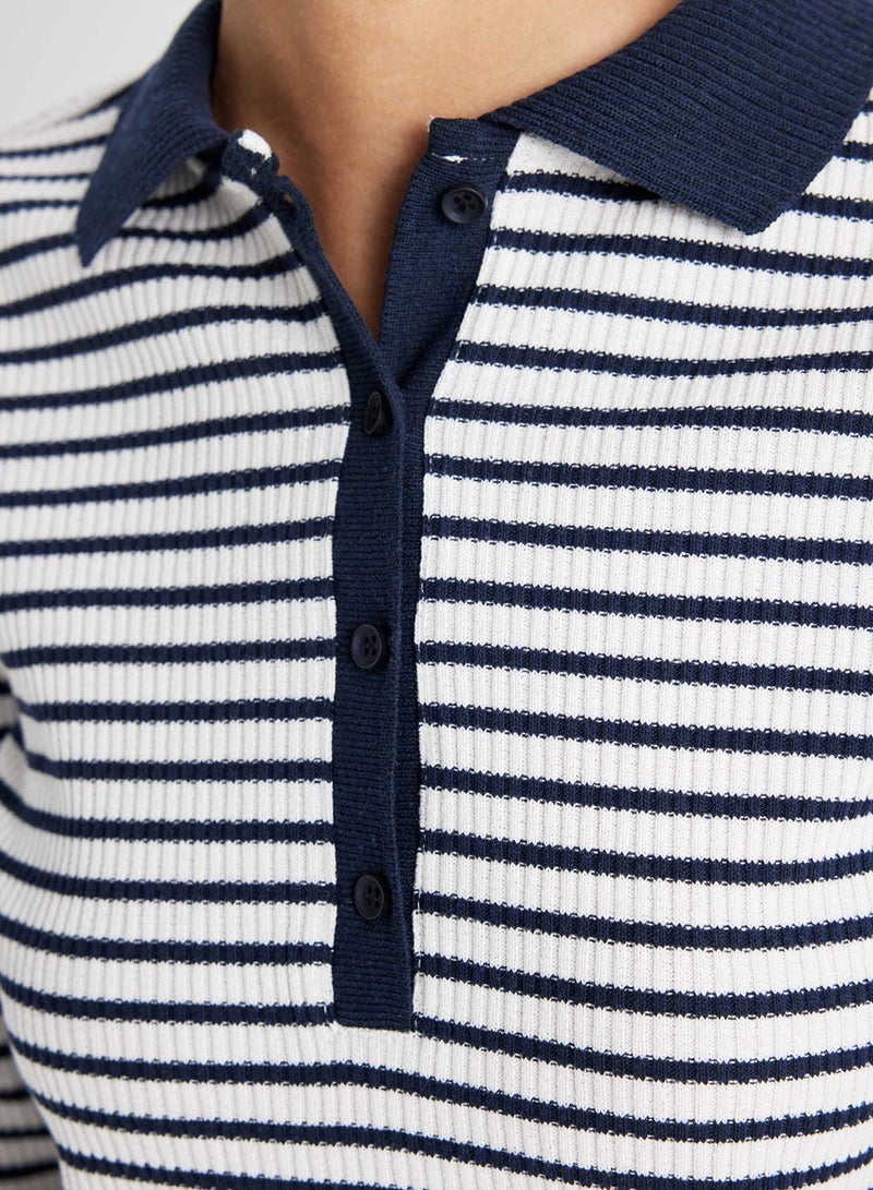 DeFacto Slim Fit Polo Neck Buttoned Striped Ribbed Long Sleeve T-Shirt  - Image 3
