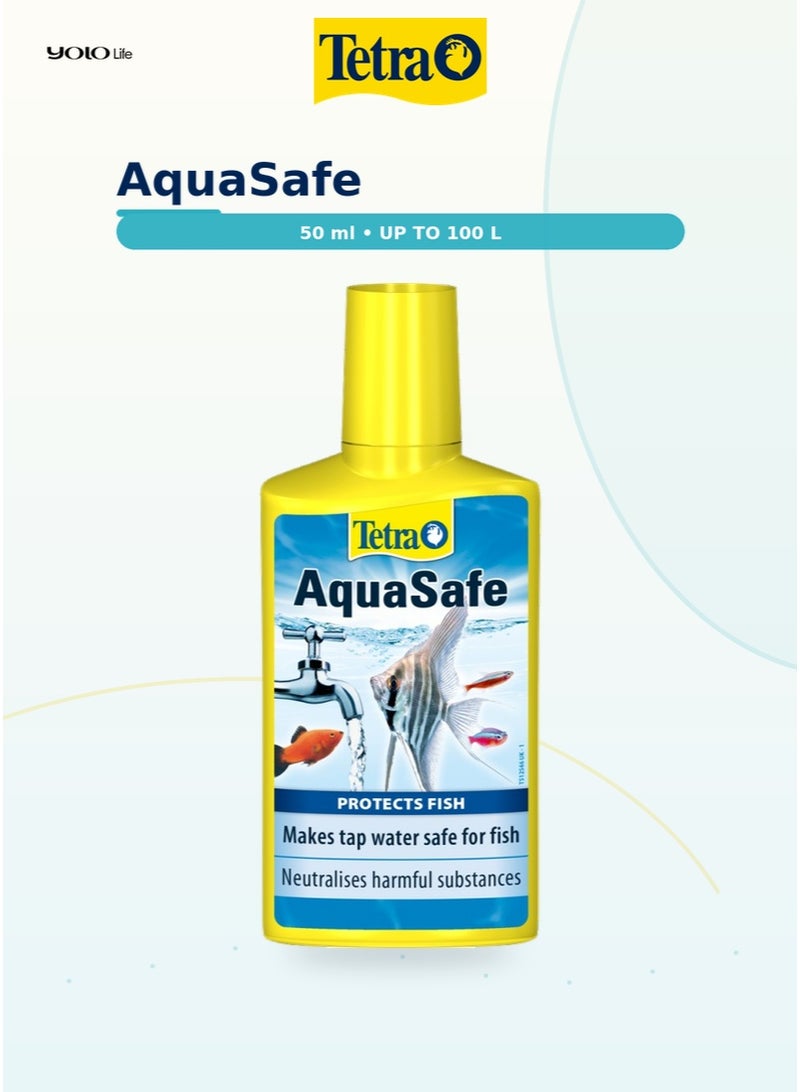 تترا Tetra AquaSafe 50 مل مكيف مياه حوض السمك، يجعل مياه الصنبور آمنة خلال ثوانٍ، يحيّد الكلور والكلورامين والمعادن الثقيلة، 5 مل لكل 10 لتر، للمياه العذبة والمالحة - Image 1