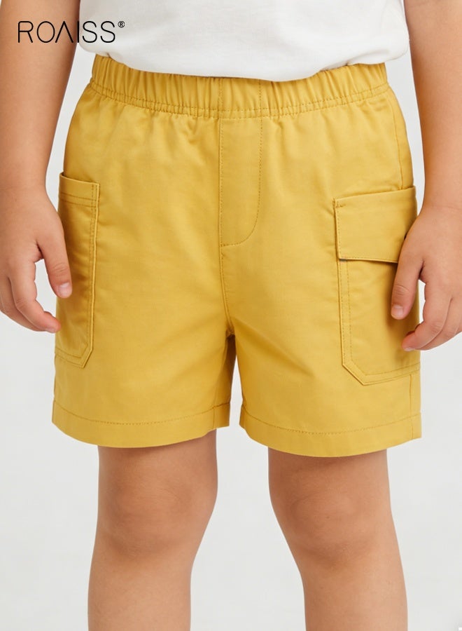 رويس شورتات كارغو صلبة للأولاد الصغار، شورتات قطنية بخصر مطاطي وجيوب، شورتات صيفية غير رسمية للأطفال الصغار، مناسبة للارتداء مع مختلف أنواع القمصان - Image 1