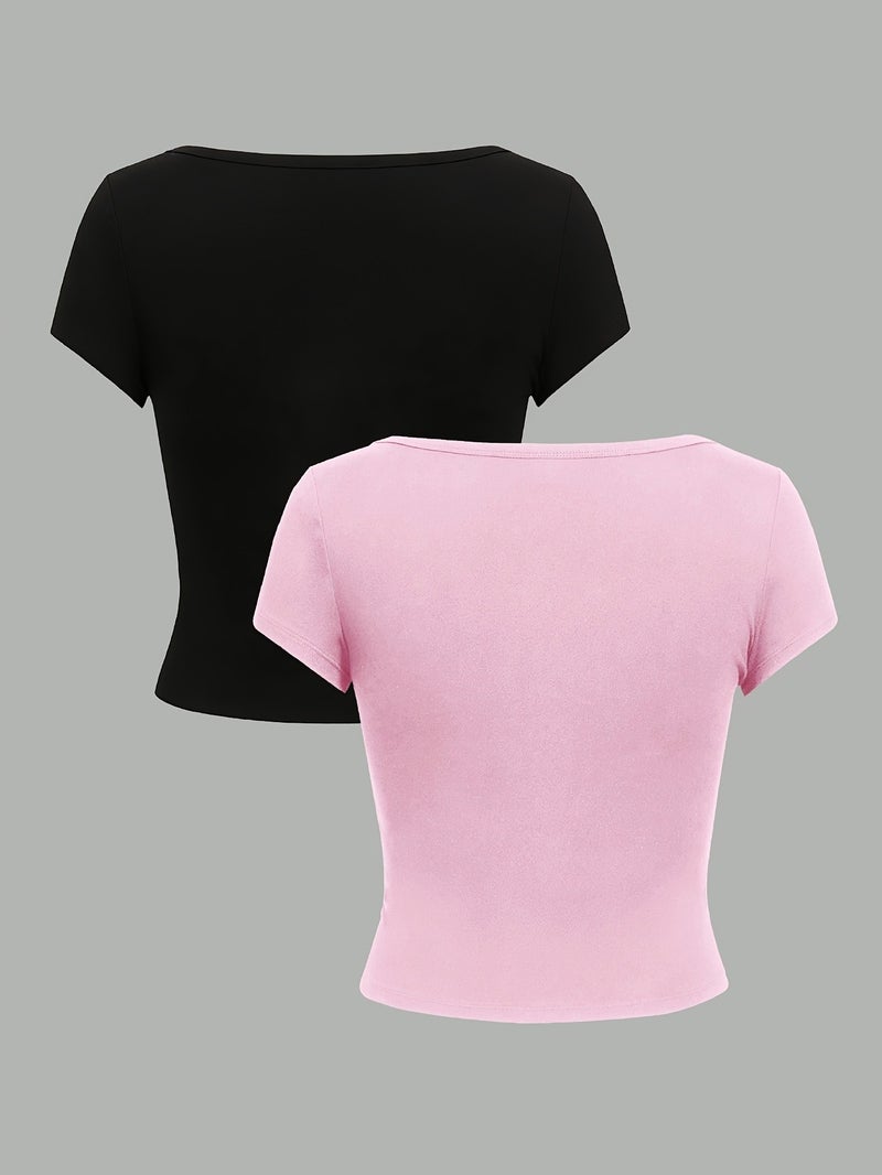 2pcs Women'S Round Neck Short - Sleeved Slim - Fit Short Top, Spring, Summer And Autumn - Black+Pink / XS - Image 2