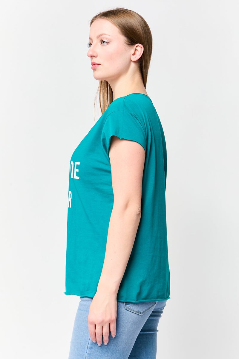 UNDIZ Women Crew Neck Short Sleeve Graphic Print Top, Teal Green - Image 3