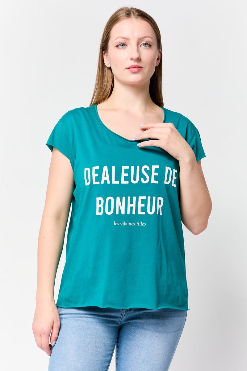 UNDIZ Women Crew Neck Short Sleeve Graphic Print Top, Teal Green - Image 1