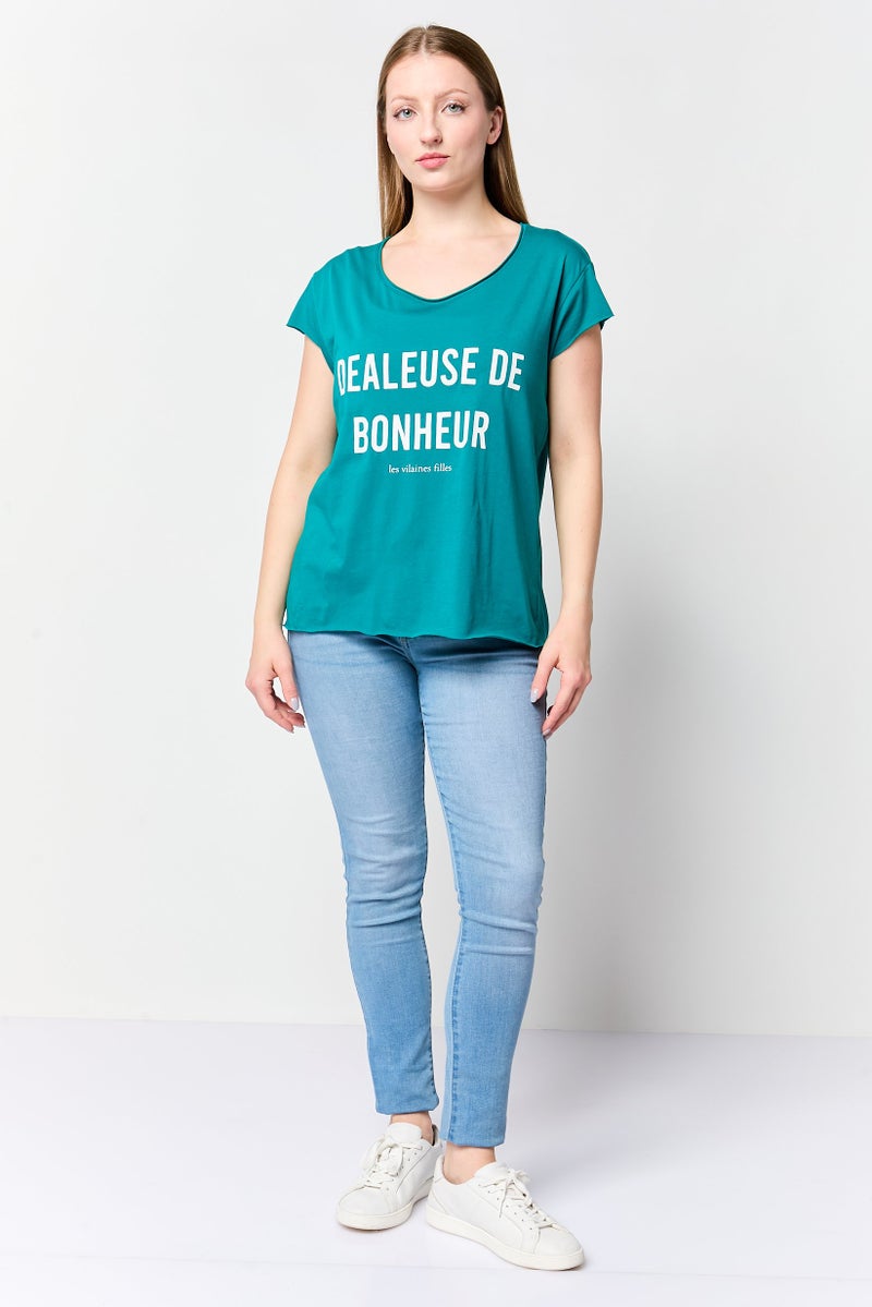 UNDIZ Women Crew Neck Short Sleeve Graphic Print Top, Teal Green - Image 2